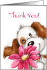 Cute dog with big smile holding huge red pretty flower, Thank you card