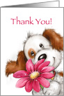 Cute dog with big smile holding huge red flower, Thank you friend card