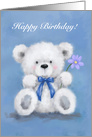 In blue background, cute white bear holding a flower, Happy Birthday card