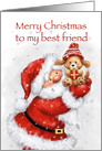 Santa holding cute dog with red present in snowflakes, Merry Christmas card