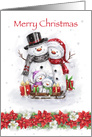 Snowman family with sled and present, Merry Christmas card