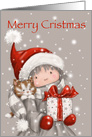 Cute girl with Santa’s hat with cat holding present, Merry Christmas card