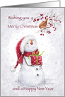 Snowman looking up robin on tree, Merry Christmas and Happy New Year card