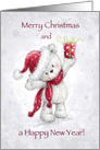 Cute white bear with Santa’s hat, Merry Christmas and Happy New Year card