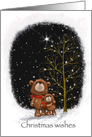 Cute bear and cub looking a star in dark snowy sky, Christmas wishes card