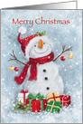 Open armed snowman with big smile and pretty presents, Merry Christmas card