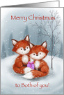 Cute couple fox with present in snowy forest, Merry Christmas card