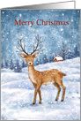 Dear standing in snowy forrest with tree and house, Merry Christmas card