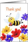 Happy bee with present flying over colorful flowers, Thank you! card