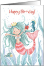 Pretty mermaid with red present dancing with seahorse, happy Birthday! card