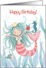 Mermaid with red present dancing with seahorse, happy birthday niece card