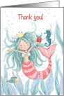 Happy cute mermaid with present with seahorse and fish, thank you! card