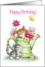 Happy Birthday friend, two cats with water can with beautiful flowers card