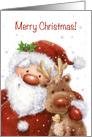 Merry Christmas for best friend, Santa and reindeer cuddling in snow card