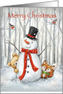 Merry Christmas, cute snowman with friends in snowy woodland card