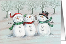 Merry Christmas, happy cute three snowmen in snowy woodland card