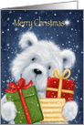 Merry Christmas, happy cute fluffy polar bear with pretty presents card