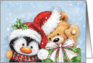 merry Christmas from cute penguin and smiling bear with present card