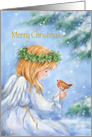 Merry Christmas, Cute Angel with Robin in Snow Woodland Scene card