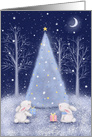 Merry Christmas, two cute rabbits with Christmas tree card