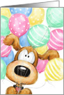 Happy Birthday, Funny Dog with Many Soft Colored Balloons card