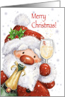 Merry Christmas, Cute Santa with Champagne Bottle and Glass card