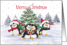 Merry Christmas, Cute Happy Penguins Around Decorated Tree card