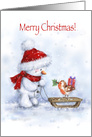 Merry Christmas for friend, cute snowman looking at robin on sled card
