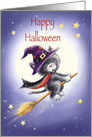Happy Halloween, cute black cat flying on broom with witch’s hat card