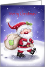 Merry Christmas, cute smiling Santa carrying sac in snowy land. card