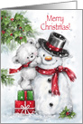 Merry Christmas, cute polar bear fixing a hat to smiling snowman card