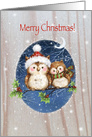 Merry Christmas, cute owls with Santa’s hat on holly’s branch card