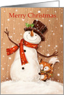 Merry Christmas, cute snowman with hat with small fox behind him card