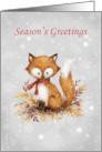 Season’s Greetings, Cute Fox with Red Scarf with Autumn Leaves card