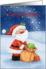 Merry Christmas, Cute Santa with Big Sack with Presents and Stars card