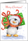 Merry Christmas, Cute Penguin Holding a Huge Present on his Back card