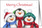 Merry Christmas, Three Cute Penguins with Colorful Hats and Scarves card