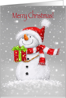 Merry Christmas, Cute Snowman with Santa’s Hat and Present card