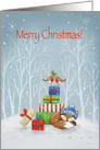 Merry Christmas, Piled Presents and Sleeping Fox with Robins in Wood card