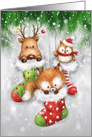 Happy Christmas, Reindeer Owl a and Fox Hang in Three Santa’s Socks card