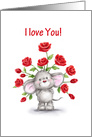 I Love You, Very Cute Mouse Holding Bunch of Red Roses Behind Him card