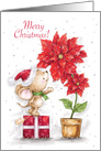Merry Christmas, Cute Mouse on Present Greeting to Poinsettia card