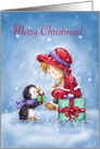 Merry Christmas to friend, Cute penguin offering present to girl card