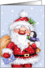 Season’s Greetings, Santa and Cute Penguin Holding Present and Letter card