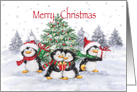 Merry Christmas Happy Penguins Gathering around Christmas Tree card