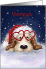 Missing You at Christmas, Dogs Wearing Santa’s Hat and heart glasses card