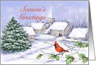 Season’s Greetings, Snowy Village with Christmas Tree and Cardinal card
