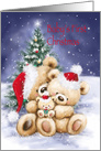 Baby’s first Christmas, Two Bears Holding Baby in Snow land with Tree card