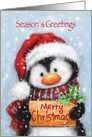 Season’s Greetings, Cute Penguin Holding Wooden Placard Christmas card