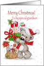 Merry Christmas MY Grandson, Cute Bear Holding Presents with Mouse card
